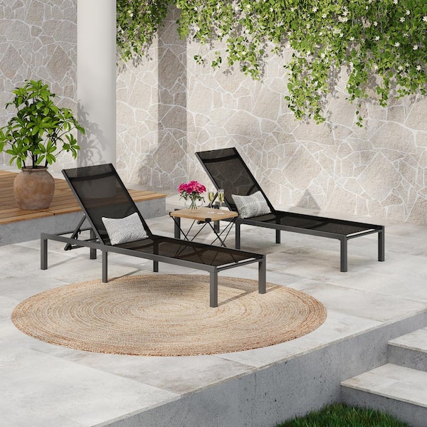 Noble House Outdoor Patio Aluminum and Fabric Adjustable Chaise Lounge, Set of 2, Black