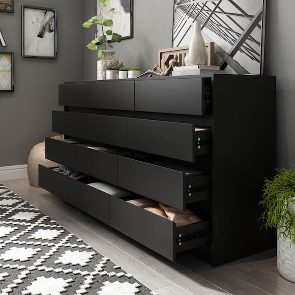 Black 12 Drawers 63 in. W x 32 in. H Wooden Chest of Drawers, Dresser, Storage Cabinet for Bedroom Storage