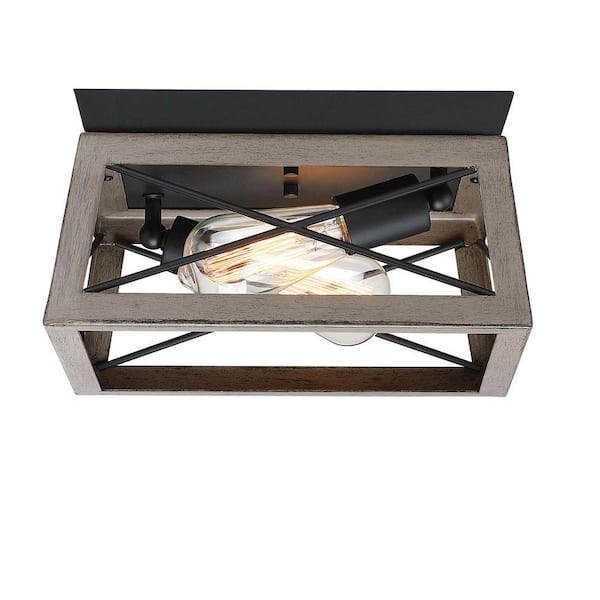 Avex 12 in. 2-Light Matte Black and Anchor Grey Oak Accents Semi-Flush Mount with Cage Shade and No Bulbs Included