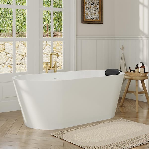 VANITYFUS 66.93 in. x 31.5 in. Stone Resin Solid Surface Freestanding Soaking Bathtub with Hose, Drain and Pillow in Matte White