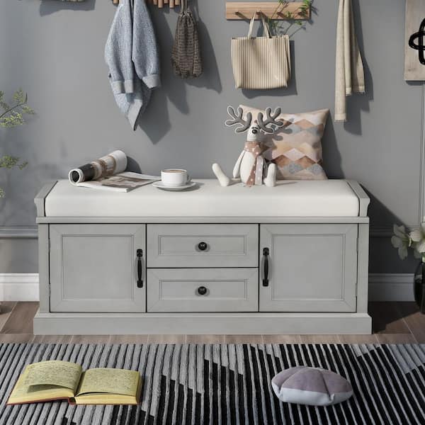 Gray Wash Wood Entryway Storage Cushioned Shoe Bench Organizer 42.5"L x 15.9"W x 17.5"H with 2 Drawers and 2 Cabinets