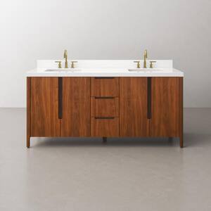 Sequoia 72 In. W x 22 in. D x 34.4 in. H Double Sink Bath Vanity in Noir Juglans with White Quartz Top and Gold Faucet