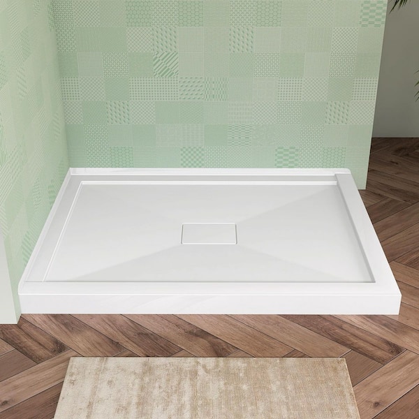 48 in. L x 36 in. W Double Threshold Corner Shower Pan Base in White Acrylic Rectangular Shower Tray with Center Drain