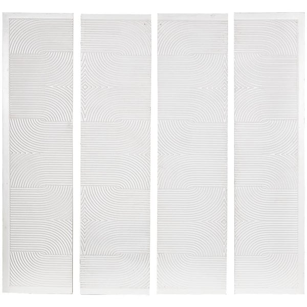 CosmoLiving by Cosmopolitan Wooden White Handmade Carved Panel Geometric Wall Art with Looped Sand Art Design (Set of 4)