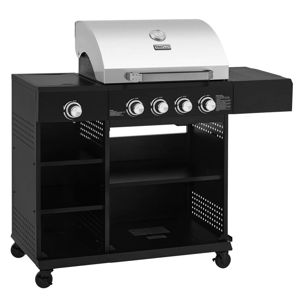 4-Burner Propane Gas Grill with Side Burner, Multi-Layer Storage Shelf, Electronic Ignition, Silver & Black, 512 Sq. In.