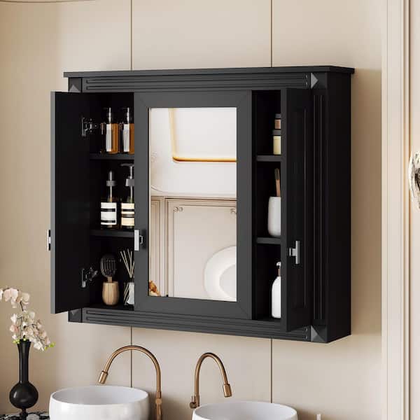 35 in. W x 28.74 in. H Rectangular MDF Medicine Cabinet in Black with Mirror and 4-Shelves
