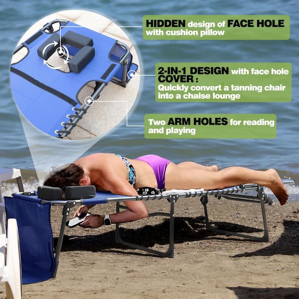 Blue Metal Outdoor Chaise Lounge Chairs, Tanning Chair with Face Hole, Pillow and Side Pocket