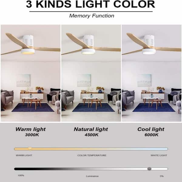 52 in. Modern White Indoor Solid Wood White Blades Flush Mount Standard Ceiling Fan with 3-Color Dimmable LED Light