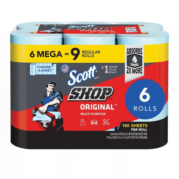 Blue Shop Towels Original 6 Mega Rolls Perforated 6.2 x 11 (140 Sheets per Roll)