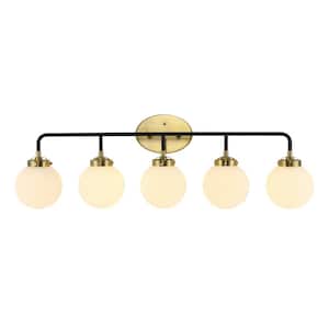 Caleb 38 in. 5-Light Contemporary Transitional Iron/Glass LED Vanity Light, Brass Gold/Black/White