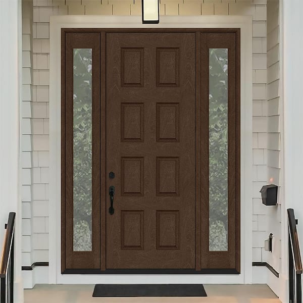 Regency 68 in. x 96 in. 8-Panel RHIS Hickory Stain Mahogany Fiberglass Prehung Front Door w/Dbl 14in. Sidelites