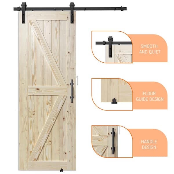 30 in. x 84 in. K Model Unfinished Natural Solid Wood Interior Sliding Barn Door with Hardware Kit