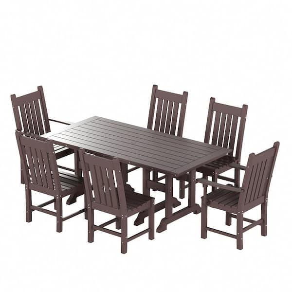 Hayes 7-Piece HDPE Plastic Outdoor Patio Rectangle Table Dining Set with Arm and Side Chairs in Dark Brown