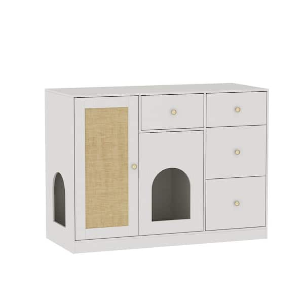 FUFU&GAGA Large Litter Box Enclosure Storage Cabinet with 4 Drawers, Wooden Hidden Cat Washroom with Sisal Door and 2-Cat Holes