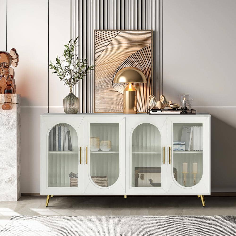 Antique White MDF 60 in. Sideboard Glass Door Buffet Cabinet with Storage C