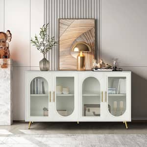 Antique White MDF 60 in. Sideboard Glass Door Buffet Cabinet with Storage Cabinet And Adjustable Shelves