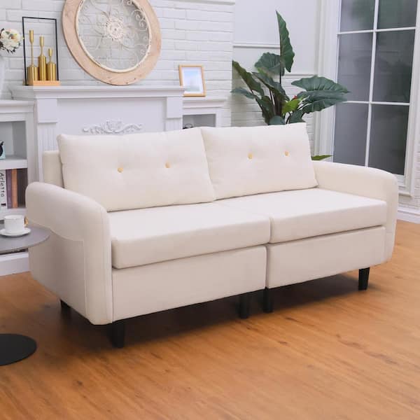 70.87 in. W in Round Arms Faux Leather Sectional Upholstered Rectangle 2-Seater Sofa with Storage Pockets in Off White