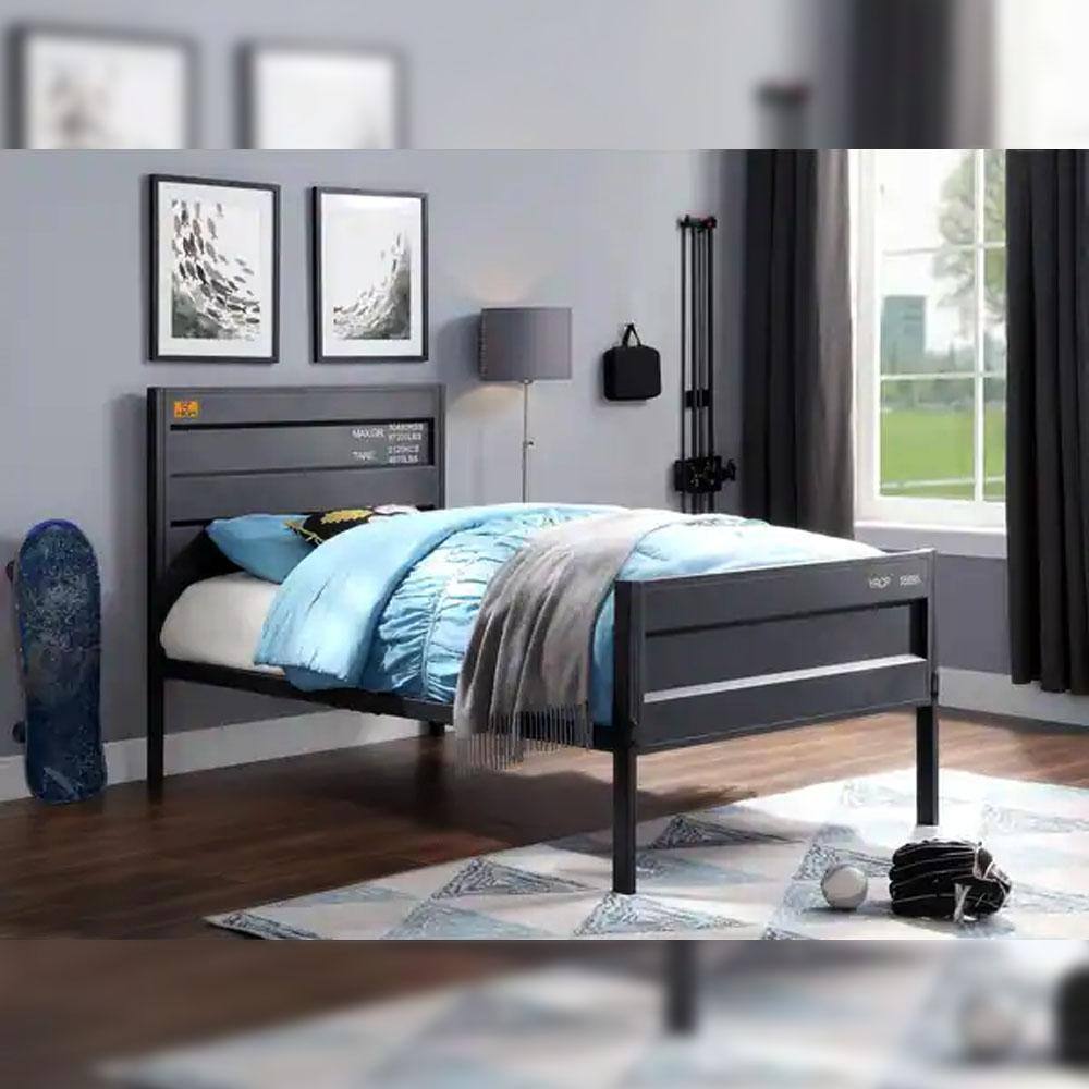 Gunmetal Twin Platform Bed with Wood Headboard and Slats