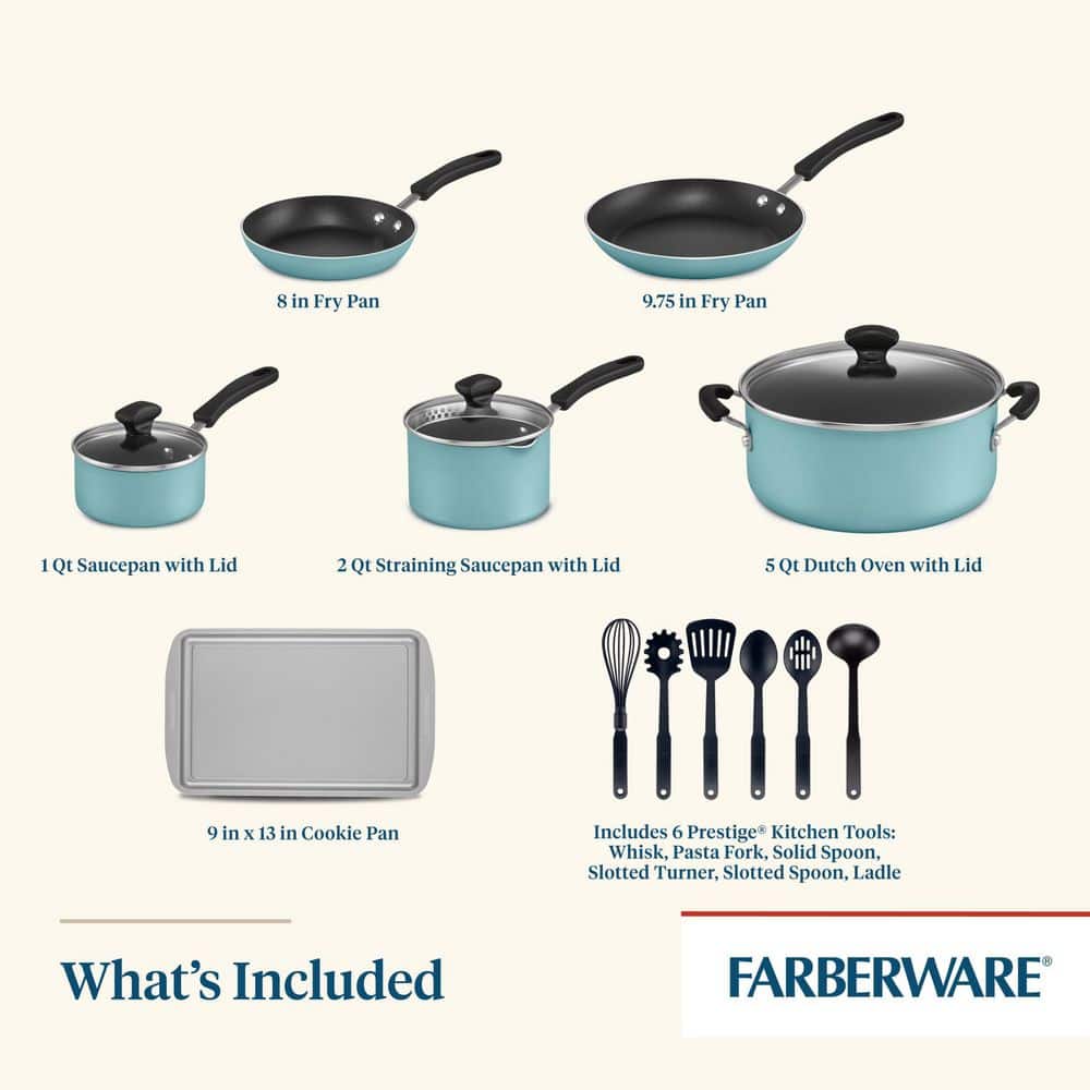 Aqua Aluminum Nonstick 15-Piece Cookware Set with Kitchen Tools