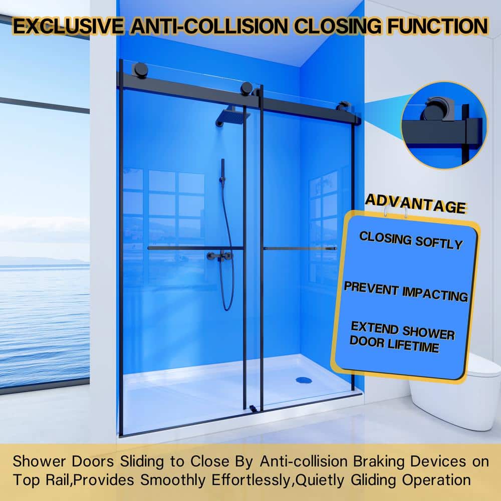 60'' Matte Black Double Sliding Frameless Shower Door with Clear Glass