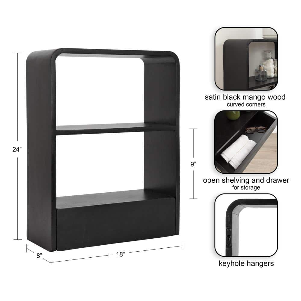 Black Mango Wood Floating Wall Shelf with Drawer, 18" x 24"