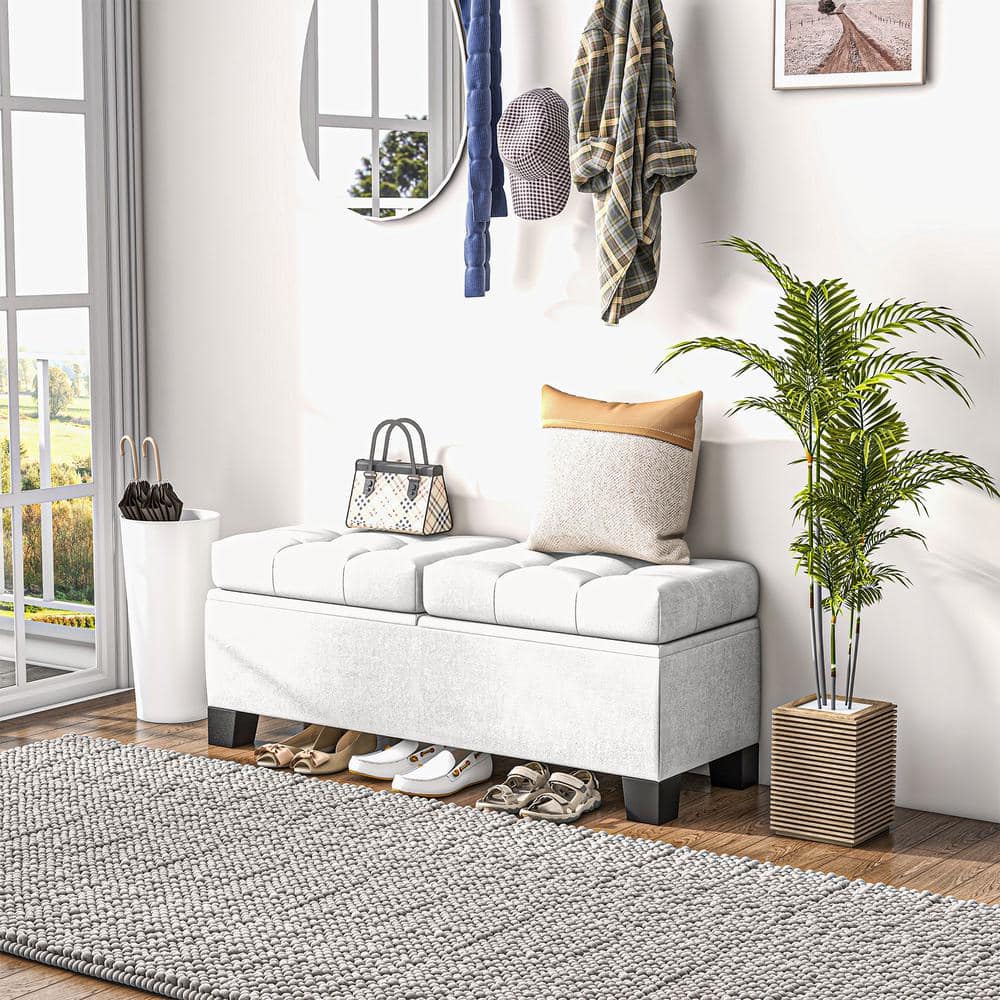 Cream White Upholstered Storage Bench with Steel Frame