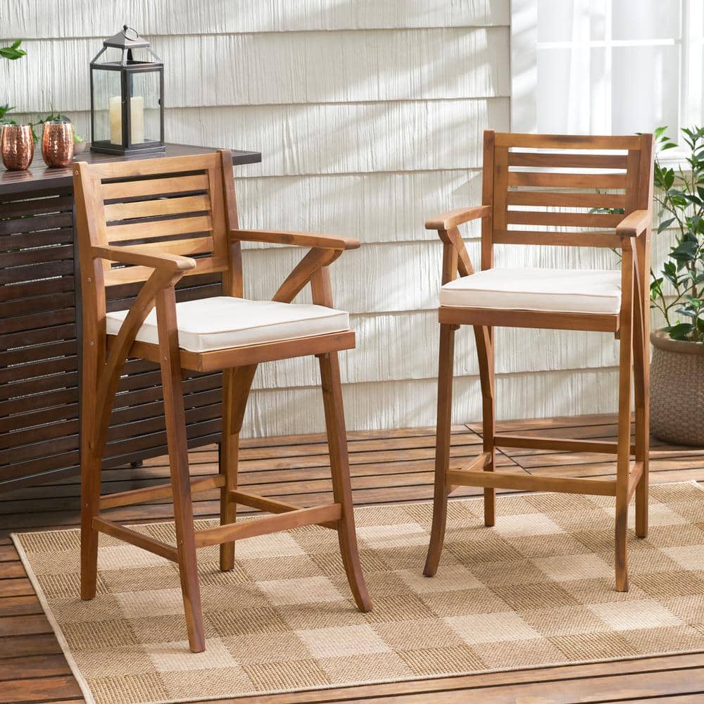 New Brown Acacia Wood Outdoor Bar Stools with Beige Cushions for Patios Bac