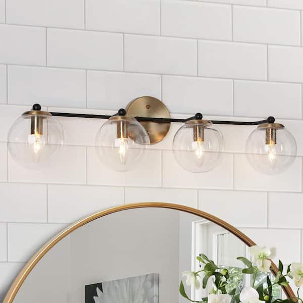 Zevni Modern DIY Vanity Light, 30 in. 4-Light Brass Gold Bathroom Vanity Light, Transitional Globe Seeded Glass Bath Light