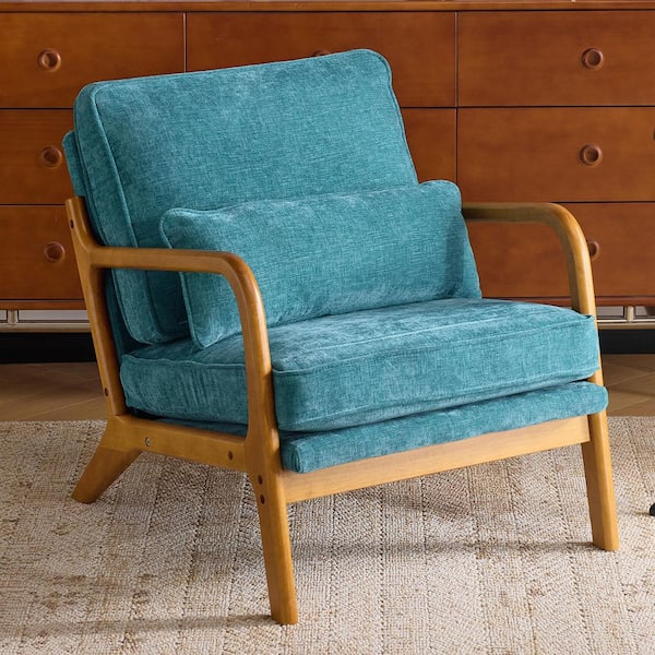 Teal Chenille Armchair with Solid Wood Handrail
