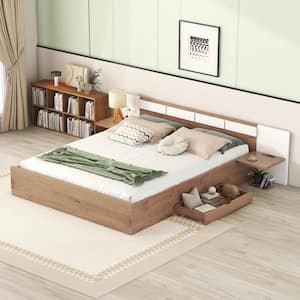 Natural Wood Brown Frame Queen Size Platform Bed with Headboard, 2-Drawers, 2-Shelves, USB Ports and Sockets