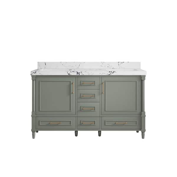 Willow Collections Hudson 60 in. W x 22 in. D x 36 in. H Double Sink Bath Vanity in Evergreen with 2 in. Viola Night Quartz Top
