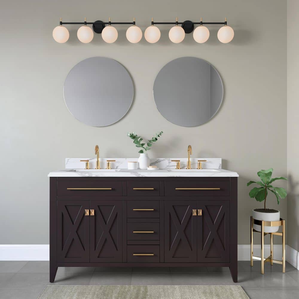 33" Matte Black and Modern Gold Dimmable Vanity Light with Glass Globe Shades