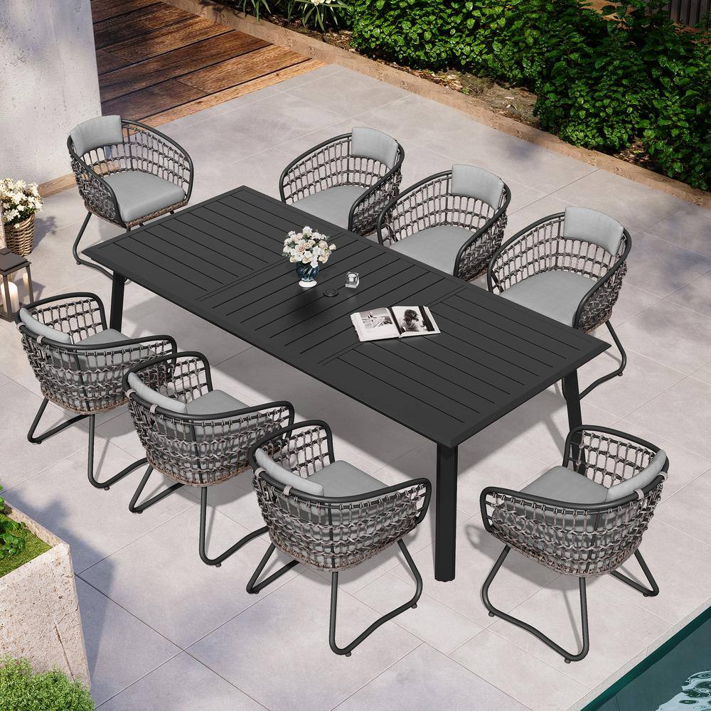 9-Piece Aluminum Outdoor Dining Set with Umbrella Hole, 94 in. Extendable Table and Gray Cushion Steel Rattan Chairs price history on PriceWatchPro