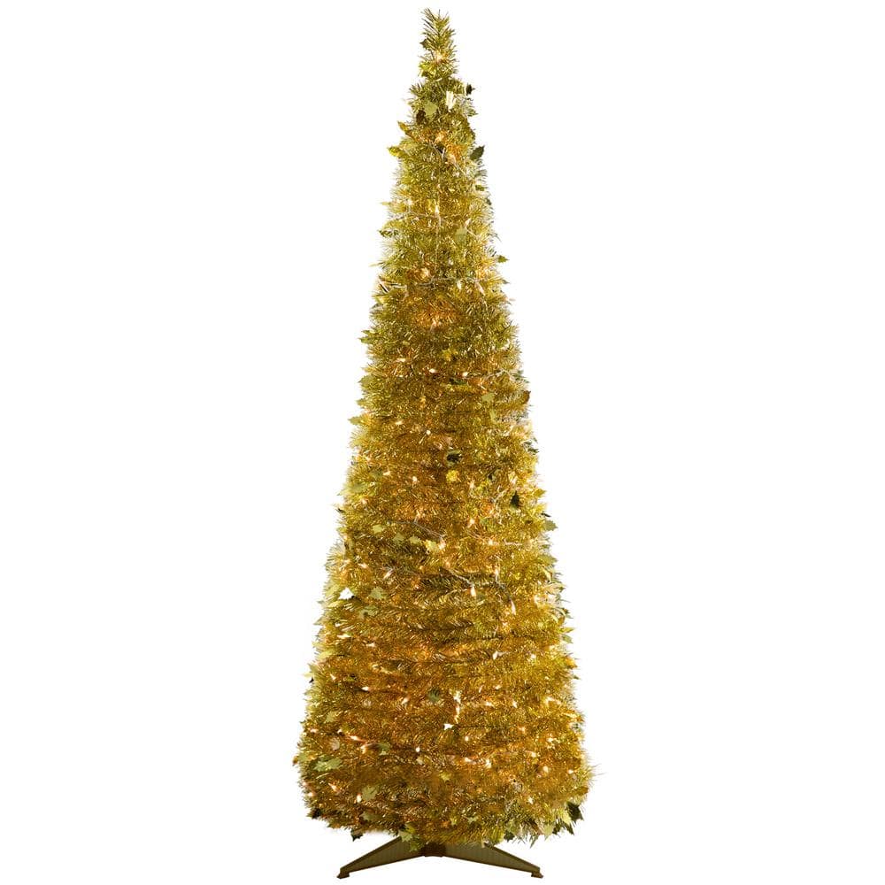 Northlight 6 ft. Gold Pre-Lit Tinsel Pop-Up Artificial Christmas Tree, Clear Lights