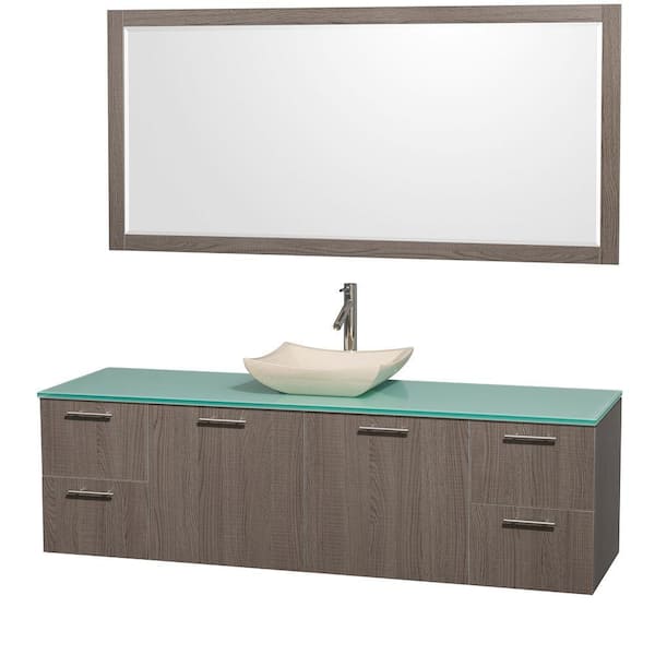 Wyndham Collection Amare 72 in. Vanity in Grey Oak with Glass Vanity Top in Aqua and Ivory Marble Sink