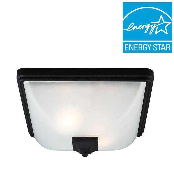 Generation Lighting Irving Park 2-Light Outdoor Black Fluorescent Ceiling Flushmount with Satin Etched Glass