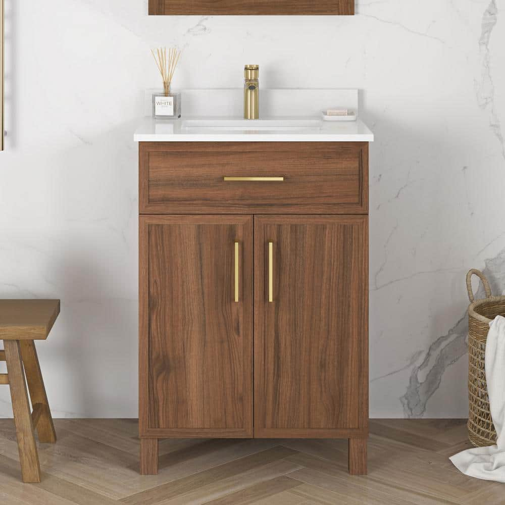 Home Decorators Collection Bilston 24 in. W x 19 in. D x 34 in. H Single Sink Bath Vanity in Spiced Walnut with White Engineered Stone Top