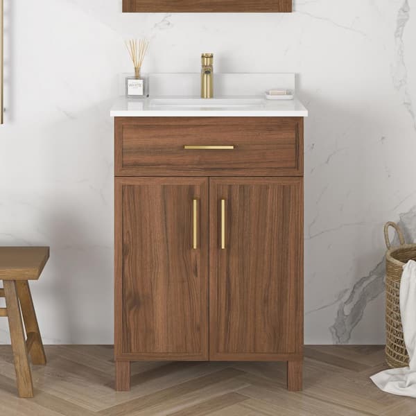 Home Decorators Collection Bilston 24 in. W x 19 in. D x 34 in. H Single Sink Bath Vanity in Spiced Walnut with White Engineered Stone Top