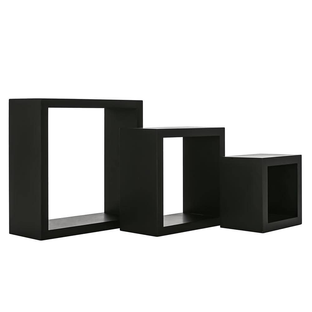 Sleek Black Floating Cube Wall Shelves, Set of 3