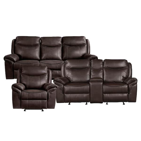 Lazzara Creeley 88.5 in W Pillow Top Arm Faux Leather Rectangle 3-Piece Manual Reclining Sofa Set in Dark Brown