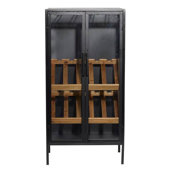 Litton Lane 10- Bottle Black Standing Wine Rack with Wine Glass Holders and Wood Accents