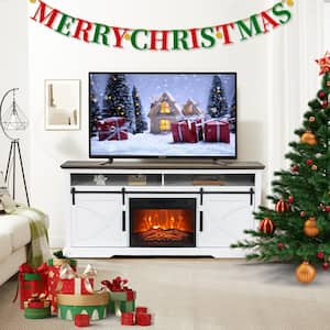 68 in. Freestanding Media Console Electric Fireplace TV Stand in White with Dark Desktop