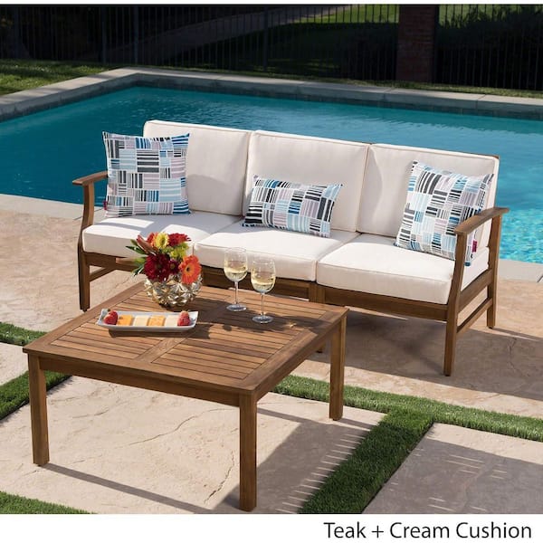 4-Piece Acacia Wood Outdoor Sectional Seating Seat with Cream Cushions, 3 Seater Sofa and Table Furniture Set, Teak