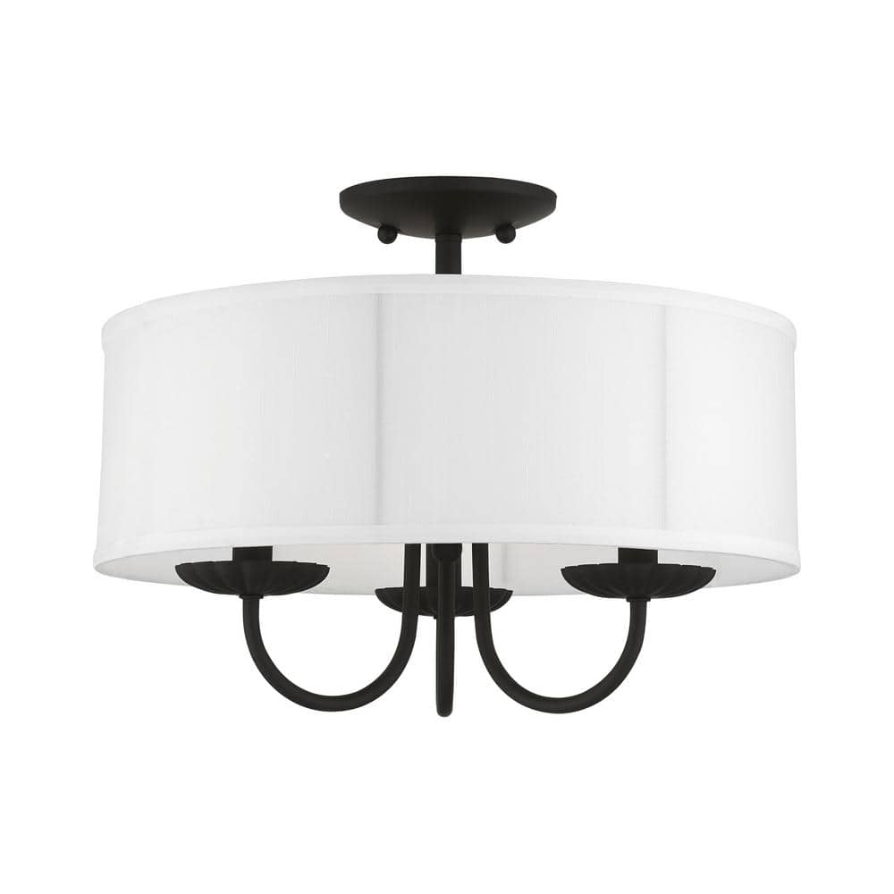 Brookdale Black Brass 3-Light Semi-Flush Mount with Fabric Shade