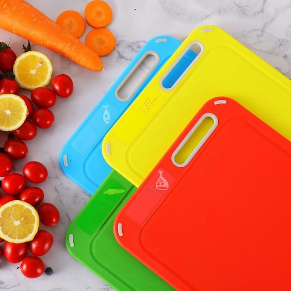 4-Piece Colorful Coded Plastic Cutting Board Set with Storage Stand, Dishwasher Safe, Prevent Cross-Contamination