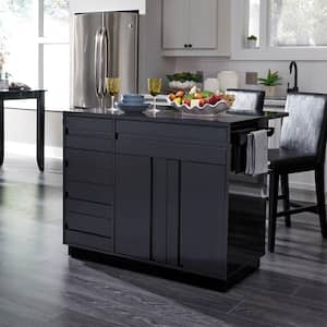 Linear Black Kitchen Island with 2-Bar Stools and Drop Leaf