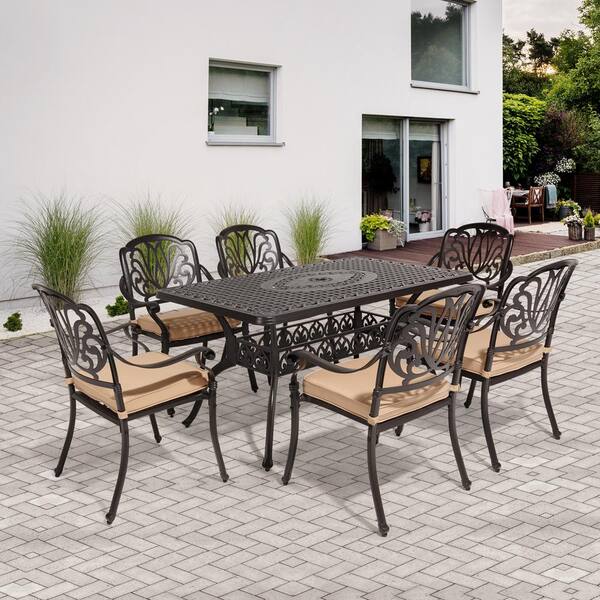 Laurel Canyon Outdoor Patio Dining Set 7 Piece Cast Aluminum Furniture Dark Brown 6 Stackable Chairs with Cushions 36 x 60 Rectangular Table for Yard Garden Deck