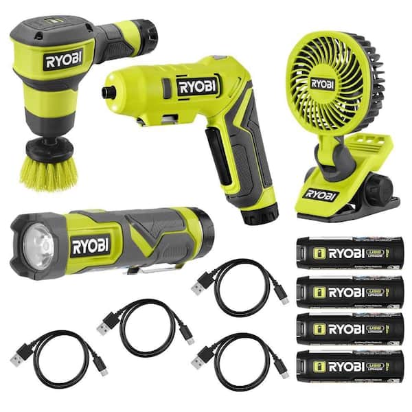 USB Lithium Cordless 4-Tool Combo Kit with Screwdriver, Fan, Scrubber, Flashlight, (4) 2Ah Batteries, and Charging Cords
