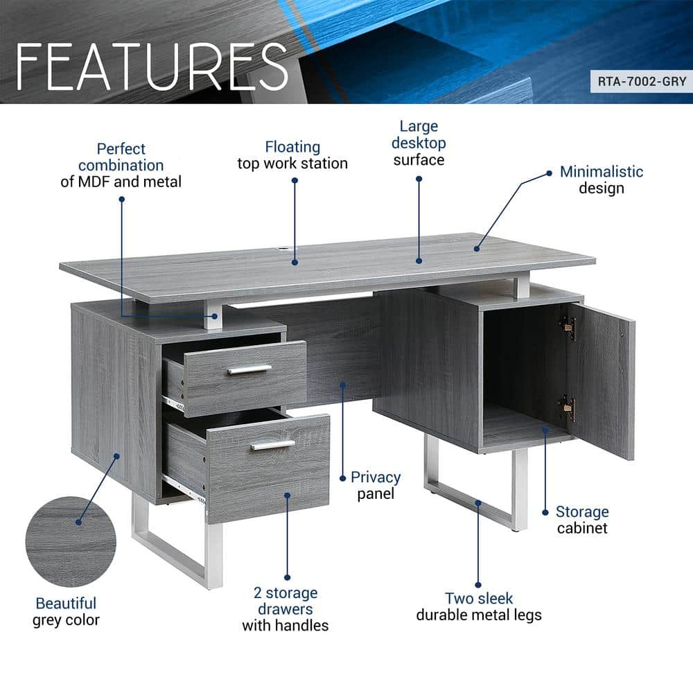 Sleek Modern Gray MDF Office Desk with Drawers and Filing Cabinet