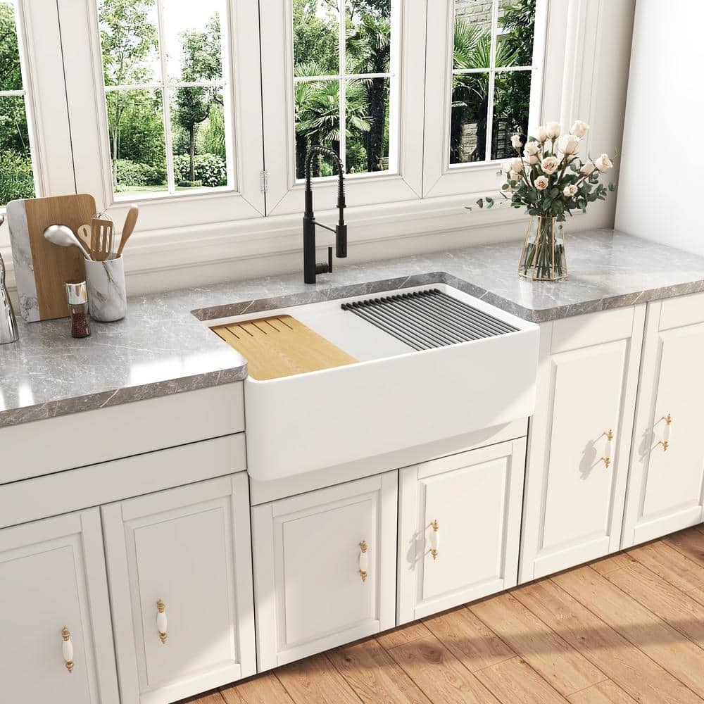 White Fireclay 33" Single Bowl Farmhouse Kitchen Sink with Accessories